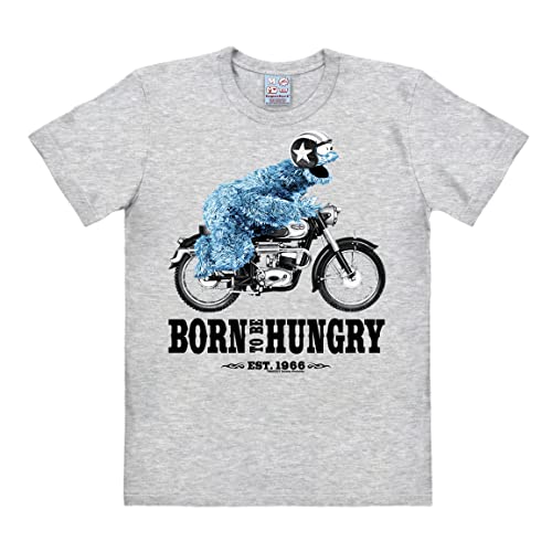 Logoshirt® Sesamstrasse I Krümelmonster I Motorrad I Born to Be Hungry I T-Shirt Print I Damen & Herren I kurzärmlig I grau-meliert I Lizenziertes Originaldesign I Größe 4XL von Logoshirt