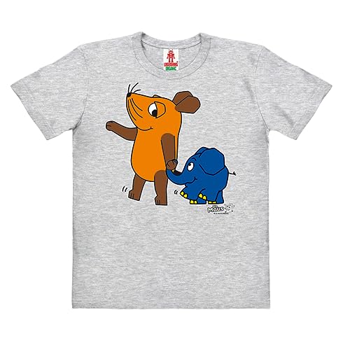 Logoshirt®️ TV I Die Sendung mit der Maus I Maus & Elefant I Bio T-Shirt Print I Kinder I Mädchen & Jungen I kurzärmlig I grau-meliert I Lizenziertes Originaldesign I Größe 128 von Logoshirt