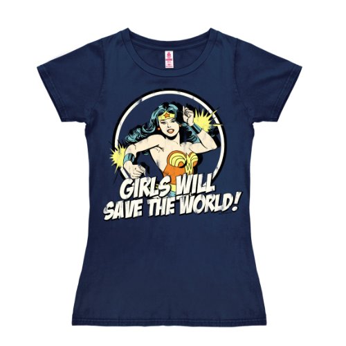 Logoshirt® DC Comics I Wonder Woman I Girls Will Save The World I T-Shirt Print I Damen I kurzärmlig I dunkelblau I Lizenziertes Originaldesign I Größe L von Logoshirt