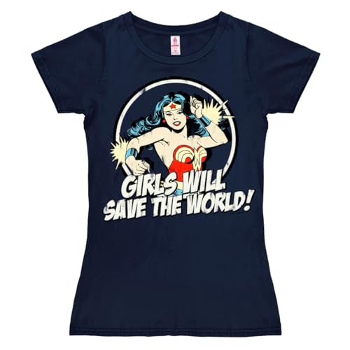 Logoshirt® DC Comics I Wonder Woman I Girls Will Save The World I T-Shirt Print I Damen I kurzärmlig I dunkelblau I Lizenziertes Originaldesign I Größe L von Logoshirt