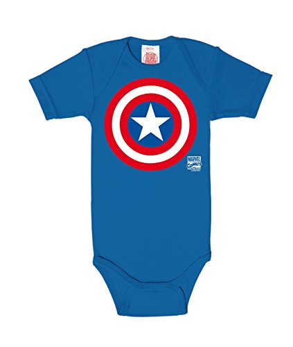 Logoshirt Marvel Comics - Superheld - Captain America Logo Baby-Body Kurzarm Junge - Baby Strampler - blau - Lizenziertes Originaldesign, Größe 50-56 von Logoshirt