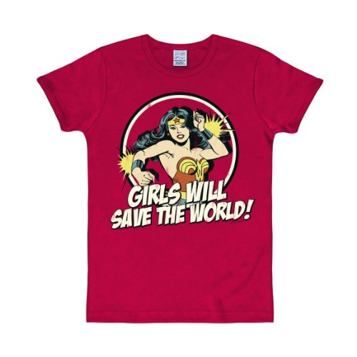 Logoshirt® DC Comics I Wonder Woman I Girls Will Save The World I Slimfit T-Shirt Print I Damen & Herren I kurzärmlig I rot I Lizenziertes Originaldesign I Größe L von Logoshirt