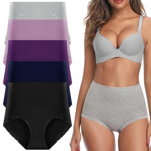 Lohhbve Damen-Slips mit hoher Taille, leichte Bauchkontrolle, Höschen aus Baumwolle, weiche, atmungsaktive Unterwäsche, 5er-Pack von Lohhbve