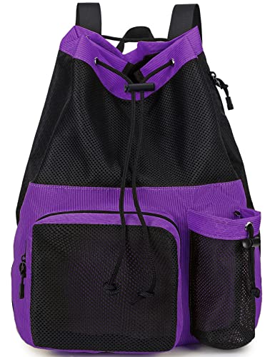 Lohol Netz-Rucksack mit Kordelzug und Schuhbeutel, langlebiger Schwimmbeutel mit Griff für Sport, Fitnessstudio, Yoga, Strand, Reisen, Violett 1 von Lohol