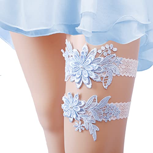 Loiahoer 2 Stück Braut Strumpfbänder Gänseblümchen Spitze Perlen Handgefertigte Strumpfhalter,Hochzeit Abschlussball Strumpfband Elegante Garters Bein Zubehör für Damen Braut Brautjungfer,Blau von Loiahoer