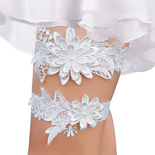 Loiahoer 2 Stück Braut Strumpfbänder Gänseblümchen Spitze Perlen Handgefertigte Strumpfhalter,Hochzeit Abschlussball Strumpfband Elegante Garters Bein Zubehör für Damen Braut Brautjungfer,Weiß von Loiahoer