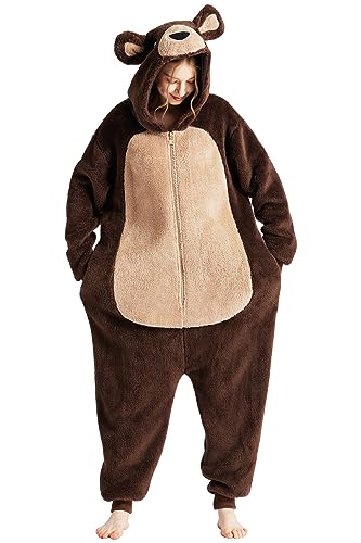 Loiahoer Unisex Erwachsene Bär Onesie Kostüm Pyjama Halloween Cosplay Kostüm Neuheit Tier SHU Velveteen Weihnachten Schlafanzug Pyjamas Set für Familie & Paare,Braun,L von Loiahoer