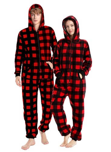 Loiahoer Unisex Erwachsene Buffalo Plaid Onesie Pyjama Kapuze Weihnachten PJS für Familie Jumpsuit Thermo mit Taschen Reißverschluss, schwarz/rot, S von Loiahoer