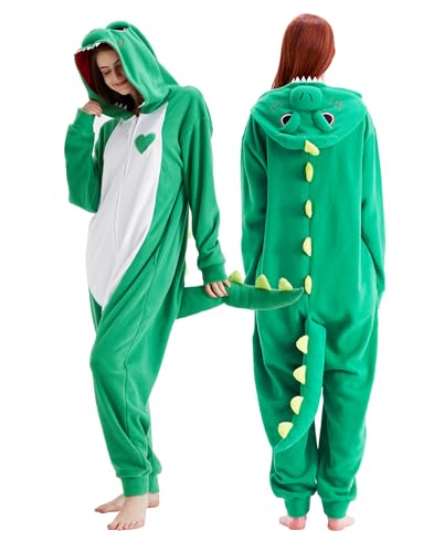 Loiahoer Unisex Erwachsene Grüner Drache Onesie Kostüm Pyjama Dinosaurier Halloween Cosplay Kostüm Neuheit Tier Weihnachten Pyjama Set für Familie & Paare,Grün,L von Loiahoer