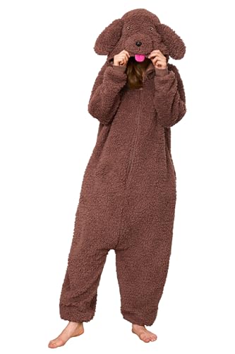 Loiahoer Unisex Erwachsene Pudel Hund Onesie Kostüm Pyjama Dog Halloween Karneval Kostüm,Neuheit Sherpa Welpe Schlafanzug Pyjamas Damen & Herren,Braun,S von Loiahoer