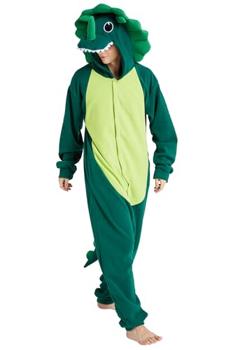 Loiahoer Unisex Erwachsene Triceratops Onesie Kostüm Pyjama Dinosaurier Drache Halloween Cosplay Kostüm Neuheit Tier Weihnachten Pyjama Set für Familie & Paare,Grün,L von Loiahoer