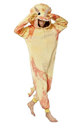 Loiahoer Unisex Erwachsene Triceratops Onesie Kostüm Pyjama Tie-dye Dinosaurier Drache Halloween Cosplay Kostüm Neuheit Tier Weihnachten Schlafanzug Pyjama Set für Familie & Paare,Gelb,XL von Loiahoer