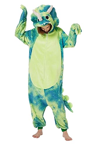 Loiahoer Unisex Erwachsene Triceratops Onesie Kostüm Pyjama Tie-dye Dinosaurier Drache Halloween Cosplay Kostüm Neuheit Tier Weihnachten Schlafanzug Pyjama-Set für Familie & Paare,Grün,L von Loiahoer