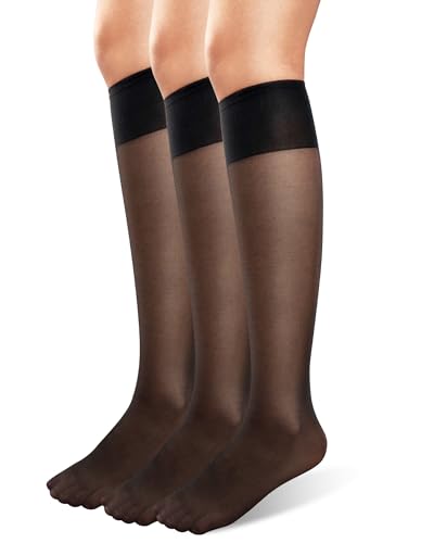 Loiluliy 3 Paar 20 DEN Kniestrümpfe Damen Nylonstrümpfe Damen Transparent Schwarz Reißfest Druckfreier Komfortbund Feinstrümpfe von Loiluliy