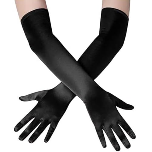 Loiluliy Satin Handschuhe Lang, 1 Paar Handschuhe Damen Elastic Classic Abendhandschuhe Seidenhandschuhe 1920er Style Black Gloves für Oper, Maskerade, Cosplay-Kostüme, Halloween-Party von Loiluliy