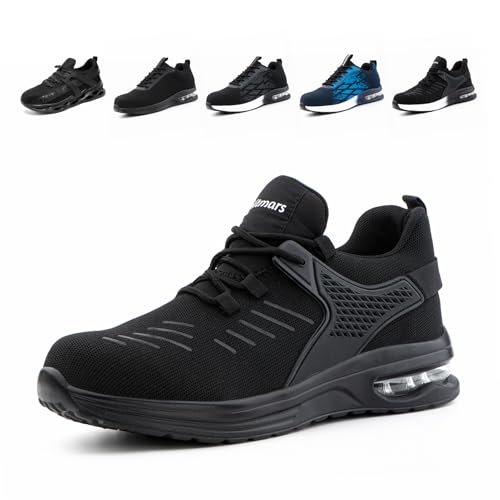 Loiston Arbeitsschuhe Herren Sicherheitsschuhe Damen Stahlkappe Schutz Leicht rutschfest Luftkissen Stoßdämpfend Sneaker SM2-SchwarzSchwarz EU37 von Loiston