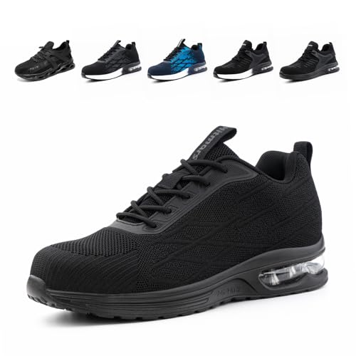 Loiston Arbeitsschuhe Herren Sicherheitsschuhe Damen Stahlkappe Schutz Leicht rutschfest Luftkissen Stoßdämpfend Sneaker SM3-SchwarzSchwarz-1 EU42 von Loiston