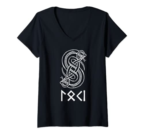 Damen Loki Name in nordischen Runen und Schlangensymbol T-Shirt mit V-Ausschnitt Damen Loki Name in nordischen Runen und Schlangensymbol T-Shirt mit V-Ausschnitt von Loki Norse Myths
