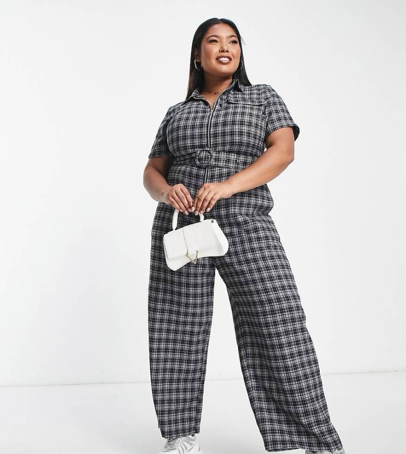 Lola May Plus - Karierter Jumpsuit mit weitem Schnitt und Reißverschluss vorne-Schwarz von Lola May Curve