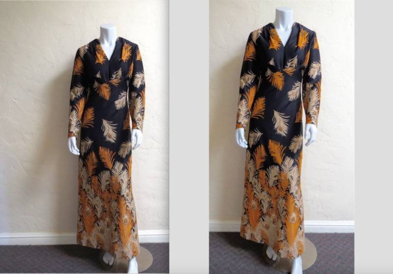 Fabelhaftes 60Er 70Er Saks Fifth Avenue Perlen Pfauenfeder Print Maxi Kleid L von LolaAndBlack