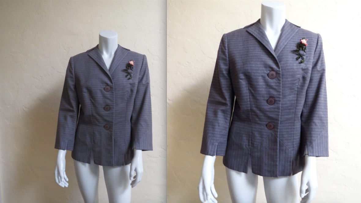 Seltene Vintage 50Er Jahre Irene Lentz Nadelstreifen Anzugjacke Mit Blumen Detail von LolaAndBlack