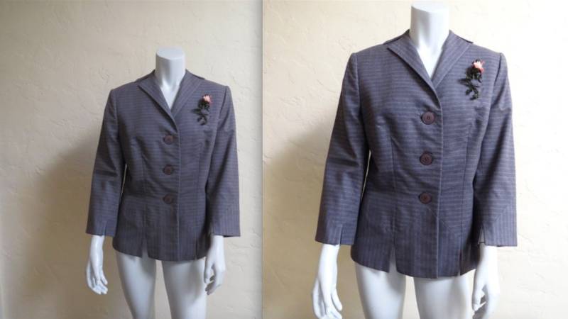 Seltene Vintage 50Er Jahre Irene Lentz Nadelstreifen Anzugjacke Mit Blumen Detail von LolaAndBlack