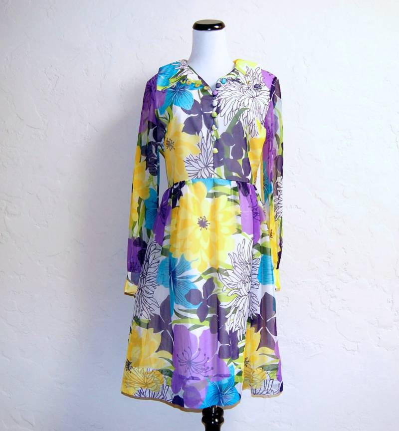 Vintage 60Er Jahre Mod Floaty Chiffon Riesenblumen Blumen Kleid von LolaAndBlack