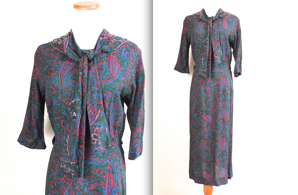 Wunderschönes Vintage 1940S Perlen Viskose Paisley Kleid M von LolaAndBlack