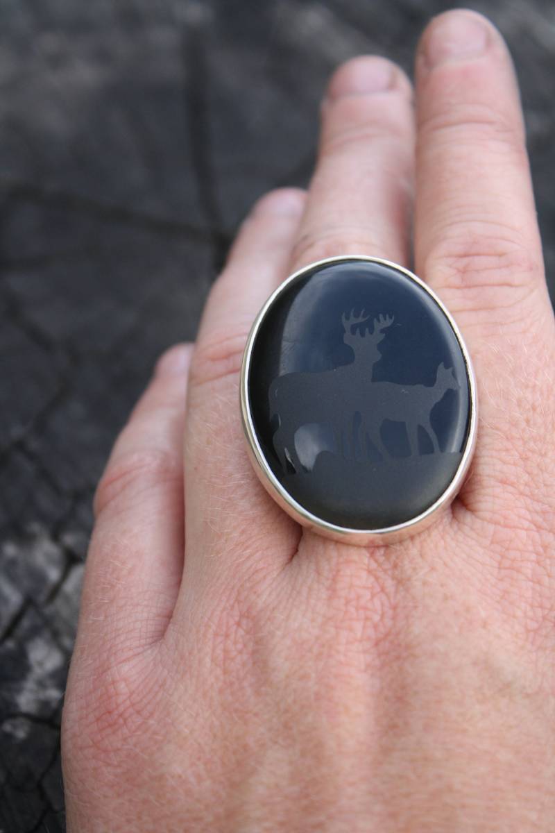 Onyx Und 925Er Sterlingsilber Ring/Schwarzer Statement Edelstein Hirsch Schmuck Großer Unikat von LolaAndCash