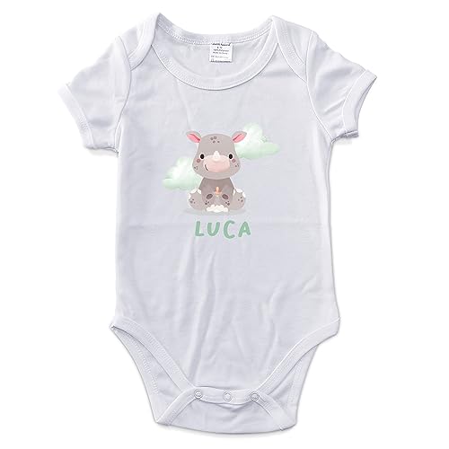 Baby-Body für Neugeborene. Personalisierter Baby-Body. Personalisierter Kurzarm-Body mit Namen. Personalisierte Babygeschenke. Größen 0-18 Monate. Nashorn Wolken von LolaPix