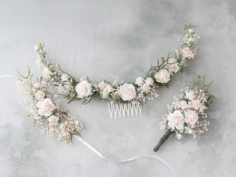 Blumenschmuck Für Hochzeit, Haarkamm Braut Und Boutonniere Bräutigam, Armband Brautjungfern, Rustikale Anstecknadel Mit Blumen Blumenschmuck Für Hochzeit, Haarkamm Braut Und Boutonniere Bräutigam, Armband Brautjungfern, Rustikale Anstecknadel Mit Blumen von LolaWhiteShop