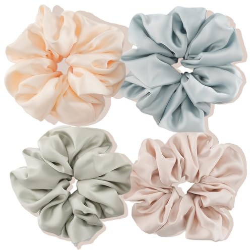 (4 Stück) Lolalet Große Haargummis Seide Scrunchies Satin für Damen, Haargummi Weich Elastisch Silk Skrunschis Groß für Damen Frauen Mädchen 4 Farben - E von Lolalet
