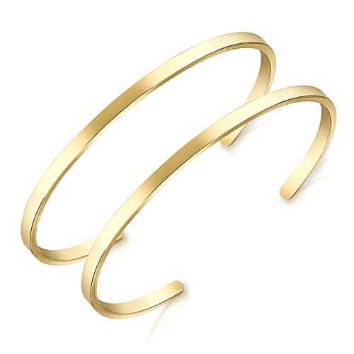 Lolalet (2 Stück Armreif Armband Paare 18K vergoldet Edelstahl Oval Verstellbar Offen Maschette Pärchen Armband, Glatt Poliert Liebesschmuck Freund Schmuck Bracelet für Herren Damen -2er Gold von Lolalet