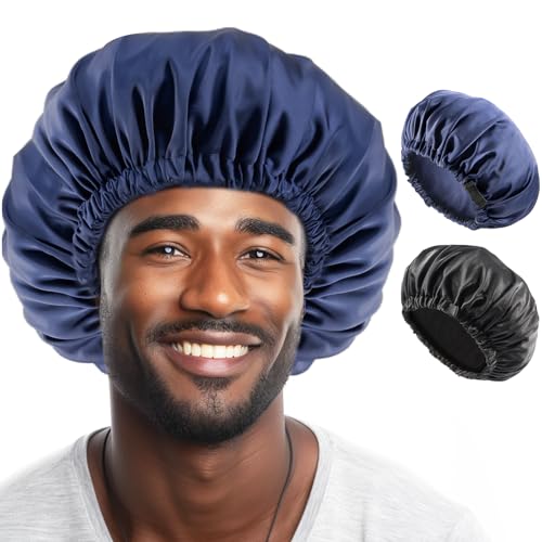 Lolalet 2 Stück Seidenhaube für Herren zum Schlafen Satin Bonnet, Seide Schlafmütze für Männer -Schwarz & Blau von Lolalet