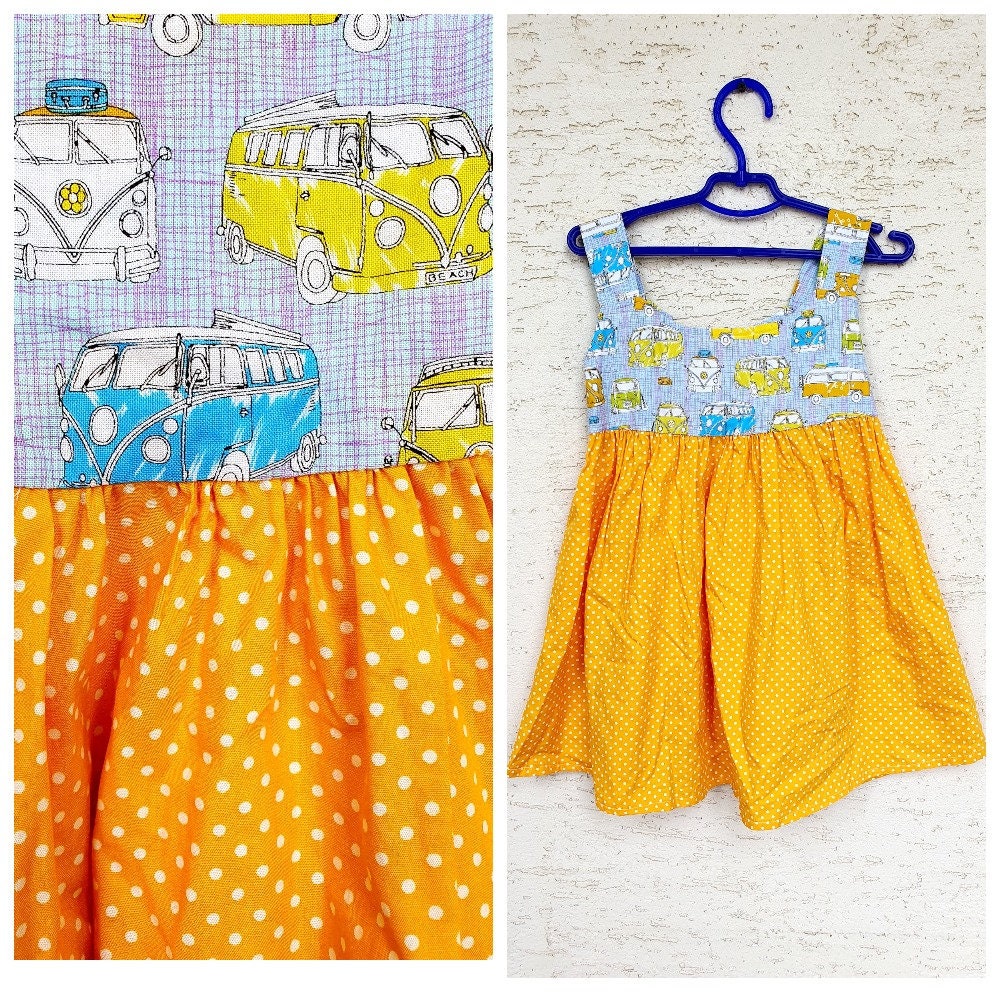 4T Polka Dot Kleid Geburtstagskleid Mädchenkleid Kinderkleid Bus Print Kleinkind Sommer Outfit Sommerkleid Gelbes von Lolitavintagee