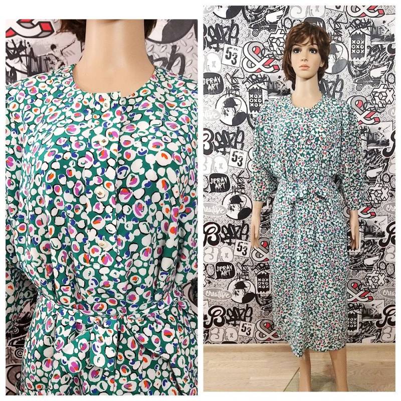 70Er Jahre Kleid Casual Abstrakte Druck Tauchen Frauen Bleistift Grünes Patrick Tag Arbeit Taschen Xxl von Lolitavintagee
