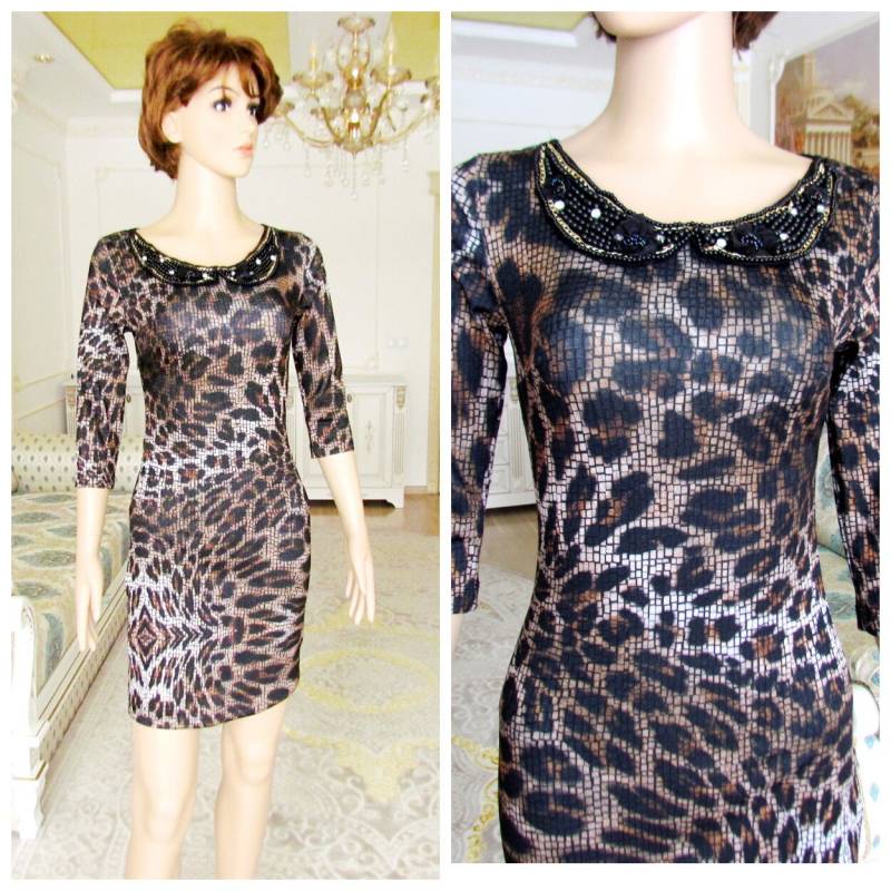 90Er Jahre Leopard Print Kleid Vintage Kleidung Frauen Minikleid Prom Partei Disko Stretch Kragen von Lolitavintagee