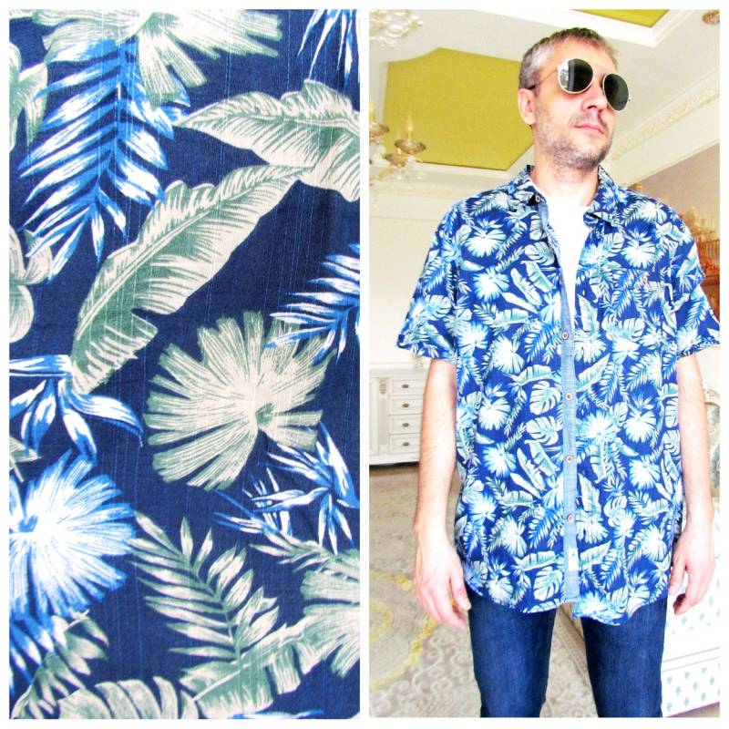 Aloha Shirt Herren Blau Boho Monstera Print Hawaiian Hippie Pflanze Xl Strand von Lolitavintagee