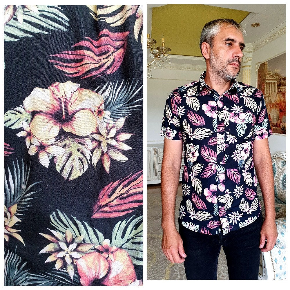 Aloha Shirt S Herren Blumen Boho Hibiskus Print Hawaiian Shirts Hawaiian Hippie Strand Schwarz von Lolitavintagee