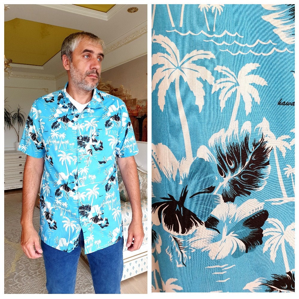 Blaues Shirt Herren Blumen Boho Hawaii Print Strand Hippie Aloha Palmen L von Lolitavintagee