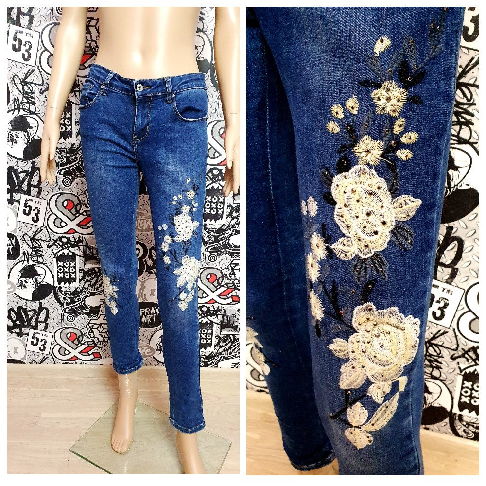 Blumig Bestickte Jeanshose S Blau Blau Jeans Damen Hippie Florale Stickerei Boho Verschönert von Lolitavintagee