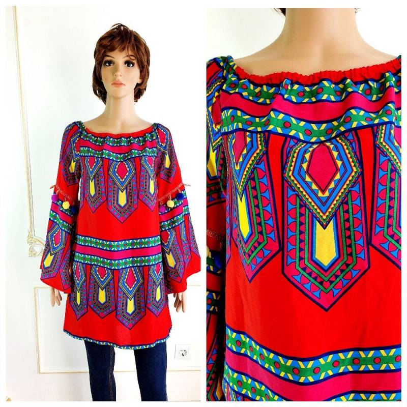 Boho Bluse Abstrakte Regenbogen Folk Aquarell Multicolor Festival Ethno Hippie M von Lolitavintagee