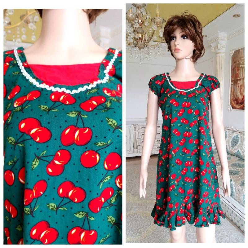 Cherry Print Kleid Kirschkleid Vintage Retro 80Er Sommerkleid Grün Patty Midi Rüschenkleid M von Lolitavintagee