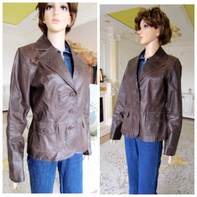 Damen Leder Blazer 70Er Retro Bekleidung Vintage Lederjacke Braun Braune Jacke Buttom M von Lolitavintagee