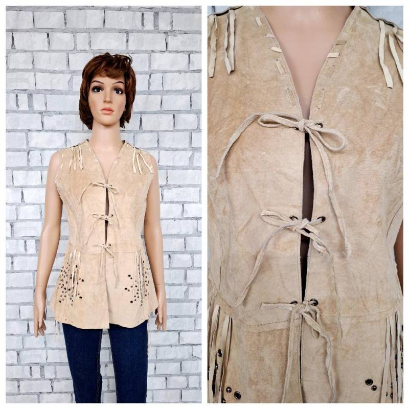 Damen Lederweste M Beige Fransen Leder Bekleidung Cowgirl Weste Vintage 90Er Jahre von Lolitavintagee