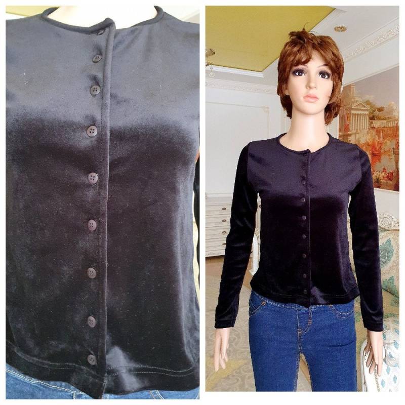Damen Shirt Schwarz Top Samt Casual Shirts Crop S Cardigan von Lolitavintagee