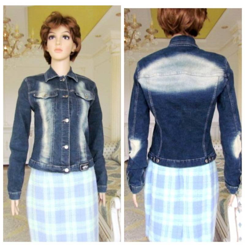 Dunkelblaue Jeans Bekleidung Jacke Der 90Er Jahre Damen Denim Trucker Rustler Vintage Hipster-Jacke M Gebleichte Jeans von Lolitavintagee