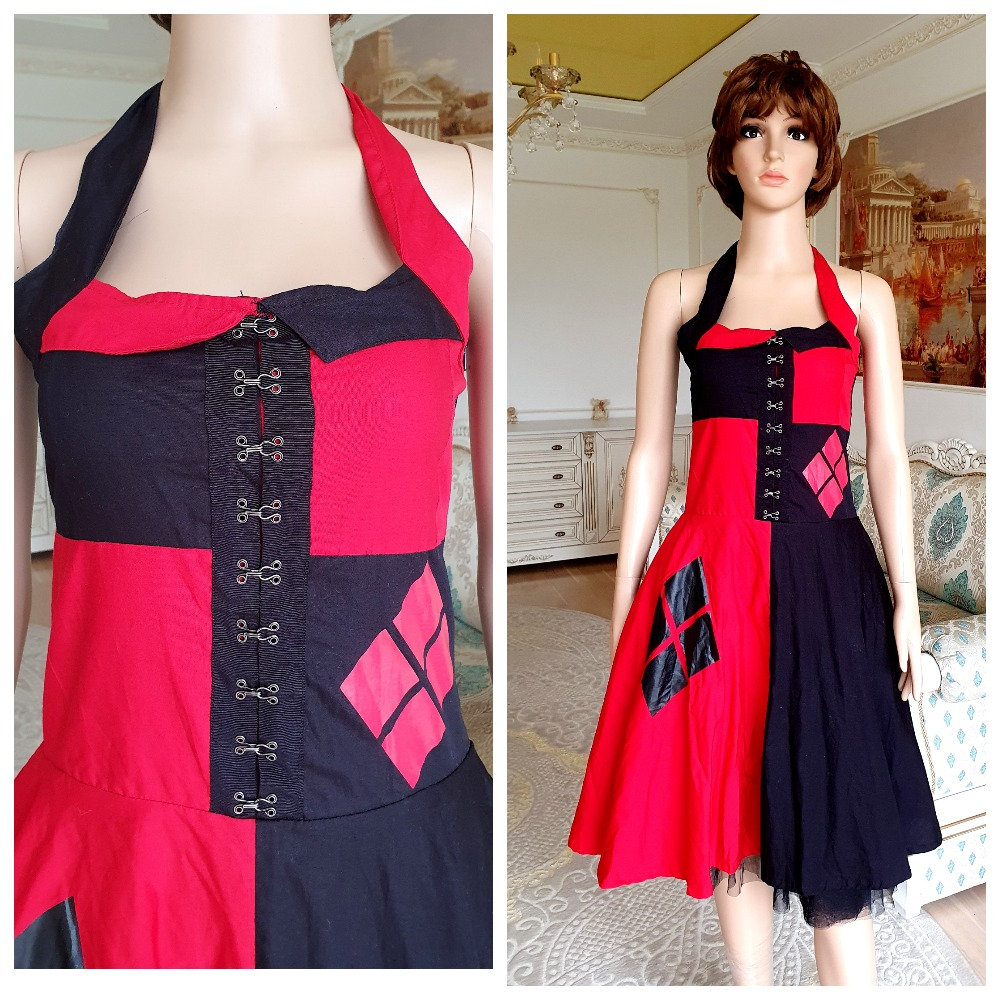 Erwachsene Königin Der Herzen Kleid Pin Up Rockabilly S Alice Im Wunderland Frauen Harlekin Schwarz Rot Halloween Kostüm von Lolitavintagee