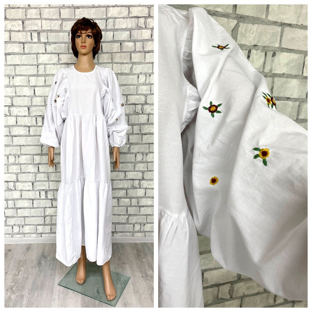 Floral Besticktes Kleid Bauernkleid Folk Hand Weißes Hochzeitskleid Vyshyvanka Boho L von Lolitavintagee