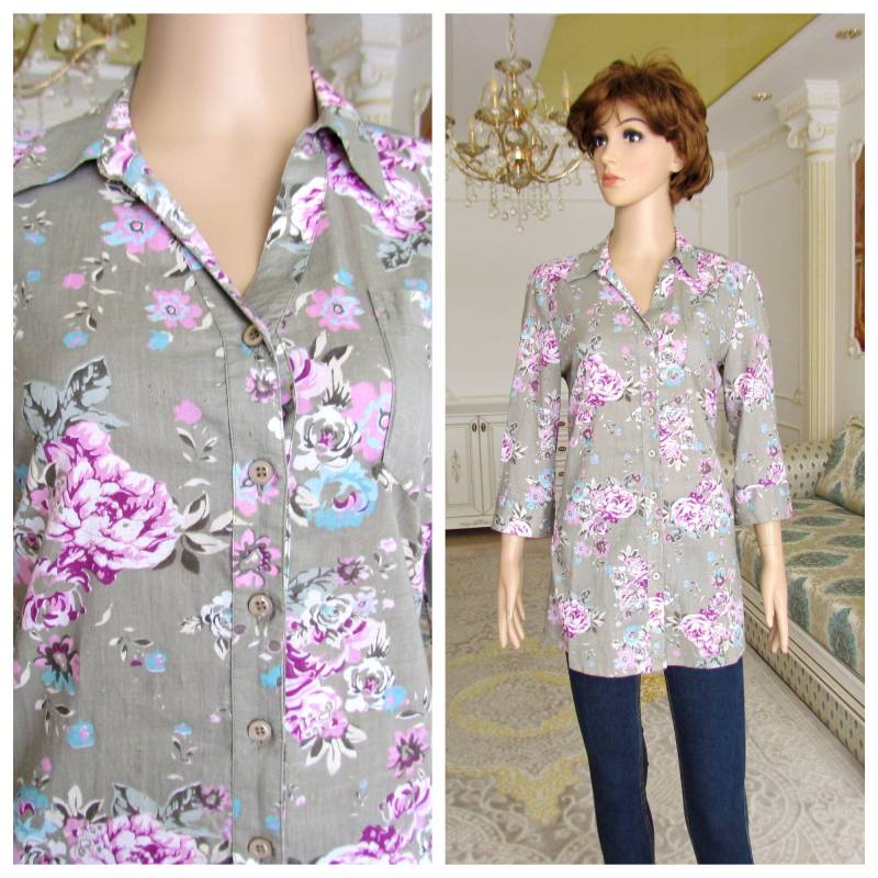 Floral Kleidung Vintage Frauen Hemd 80Er Jahre Blumen Floral Bluse Blume Hemdbluse Shirt Rose Gr. M von Lolitavintagee